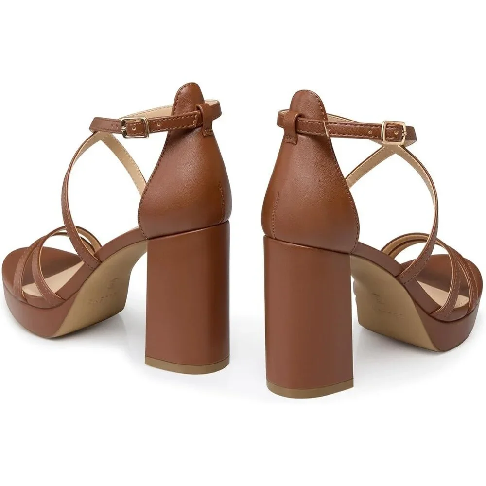 Women's Brown Sandal Stylish Comfortable Chunky Blocked Strappy Heel Shoe